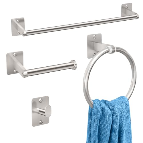 KLJKPA Brushed Nickel Bathroom Accessories Set, 4 PCS Bathroom Hardware Set | 16 inch Towel Bar, Towel Racks for Bathroom, Robe Towel Hooks, Toilet Paper Holder Wall Mounted - color: Brushed Nickel (4 Piece), size: 16 inch