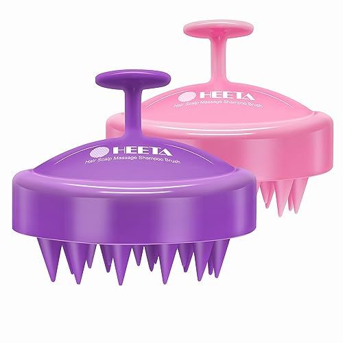 HEETA Scalp Massager Hair Growth 2-Pack, Soft Silicone Scalp Scrubber Shampoo Brush for Exfoliation Dandruff Removal Head Massage Stress Relax, Wet & Dry Use for Women Men Thick Thin Curly Hair Care - color: Purple & Pink