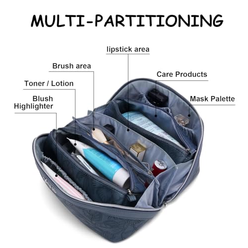 BOYATU Travel Makeup Bags Cosmetic Organizer Bag: 3-Set Large Capacity Make up Bag - PU Leather Toiletry Bags for Women - Wide Open Portable Pouch with Divider & Handle (02-Dark Blue) - color: 02-Dark Blue