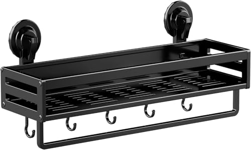 Suction Cup Shower Caddy,11.8 inch Extended Version, with 5 Hooks & Towel Rrack, No Drilling Required, Rust-resistant Bathroom Shower Organizer (1Pack-Black) - size: 11.8 inches(US)