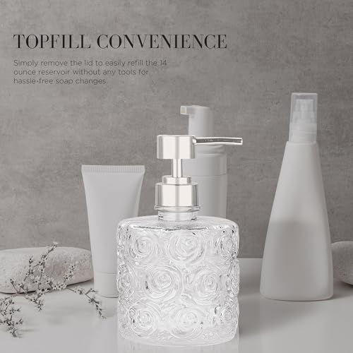 Marcella Glass Soap Dispenser with Soap Pump, Refillable 14 Ounce Capacity, Floral Design Rose Patterns, Heavy Weight Thick Glass for Bathroom, Premium Kitchen Soap Dispenser Clear - color: Clear