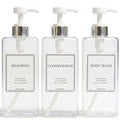 Modern Design Shampoo and Conditioner Dispenser, Large 27oz Shower Soap Dispenser, Set of 3 Refillable Empty Plastic Pump Bottles for Bathroom, 6 Waterproof Labels Included, (Clear & Silver) - color: Clear & Silver