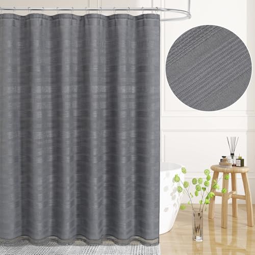 Long Boho Farmhouse Shower Curtain Set with Tassel, Linen Bohemian French Country Chic Bathroom Shower Curtain Set, Modern Striped Textured Shower Curtain 72x78 - Grey - color: Grey, size: 72"W x 78"L (Pack of 1)