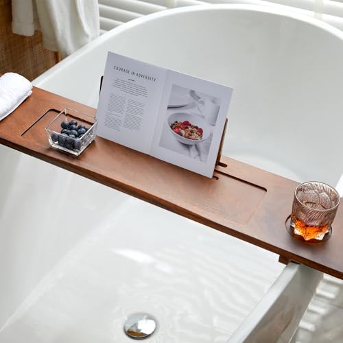 Walnut Bathtub Tray Caddy - 39" Wide Adjustable for Freestanding Tubs, Non-Slip Phone/Wine Holder