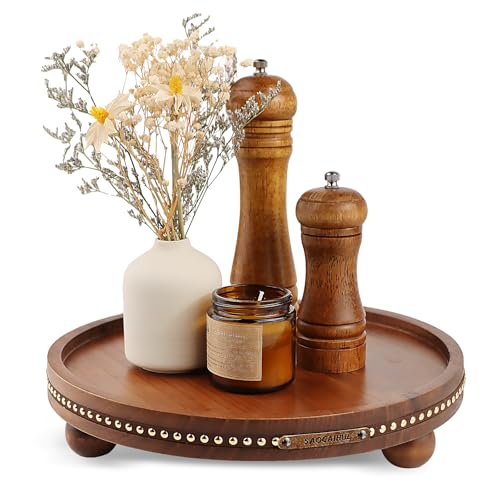Farmhouse Decorative Round Tray, 11.81 Inch, Versatile Centerpiece Tray for Coffee Table Kitchen Living Room Bathroom, Home Decor Accent Brown Color - color: Brown