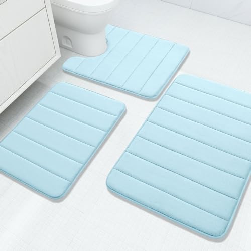 Buganda Memory Foam 3 Pieces Bathroom Rugs Set - Thick Soft Absorbent Bath Mats, Washable Small/Large/Contour Bath Rugs (24" x 16" + 30" x 20" + 24" x 20", Light Blue) - color: Light Blue, size: 24" X 16" + 30" X 20" + 24" X 20"