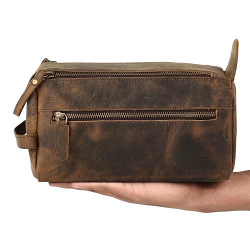 KomalC Premium Buffalo Leather Toiletry Bag for Men & Women With Water resistant Lining, Grooming Travel Pouch, Unisex Wash Bag for Toiletries, Gifts for Men and Women - color: Distressed Tan