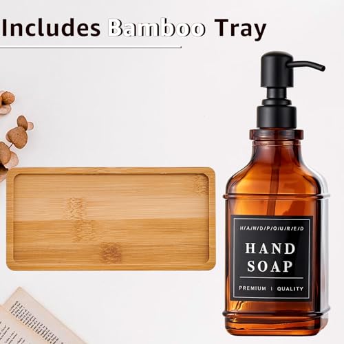 Dish and Hand Soap Dispenser for Kitchen, Amber Glass Soap Dispenser with Pump,Tray,Funnel, Set of 2 Countertop Soap and Lotion Dispenser for Bathroom,Shower,500ml/16.9oz, - color: Ks-5070c-28y-2b