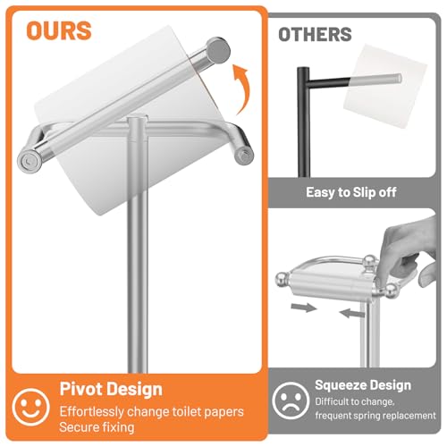 Housolution Toilet Paper Holder Stand, Brushed Nickel Freestanding Toilet Paper Holder with Post Pivoting Design and Stable Weighted Base, Stainless Steel Bathroom Toilet Paper Holder