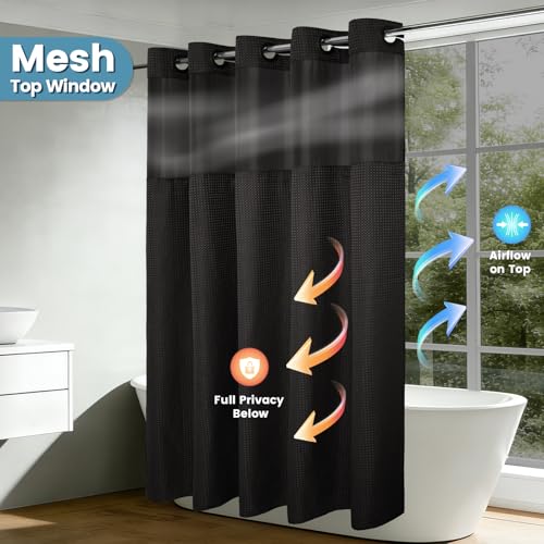 EUTXL Heavyweight Stall No Hook Shower Curtain with Snap in Liner,256GSM Waffle Weave Shower Curtains for Bathroom,54W x 74H,Black - color: Black, size: 54"W x 74"L (Pack of 1)