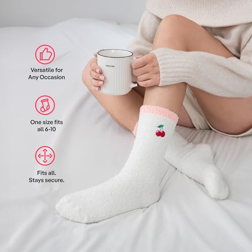 CoolMate Cozy Soft Cloud Socks, Fuzzy Socks for Women - color: D.08 - Embroidered Cherry