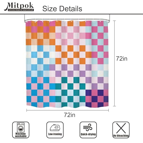 4 PCS Kids Colorful Checkered Shower Curtain Set 72Wx72H Cute Girly Retro Funky Girl Bathroom Set Non-Slip Bath Rug Toilet Lid Cover U Shape Mat Bathtub Accessories with 12 Hooks Bathroom Decor - color: G 01colorful, size: 72"W x 72"L (Pack of 4)