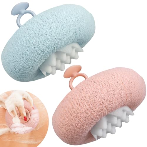 2Pcs Upgrade 2-in-1 Sunflower Bath Ball,Soft Bath Ball with Hanging and Adsorbable Suction Cup，Exfoliating Bath Sponges for Shower Women Men (Pink+Blue-Green) - style: Pink+Blue-Green