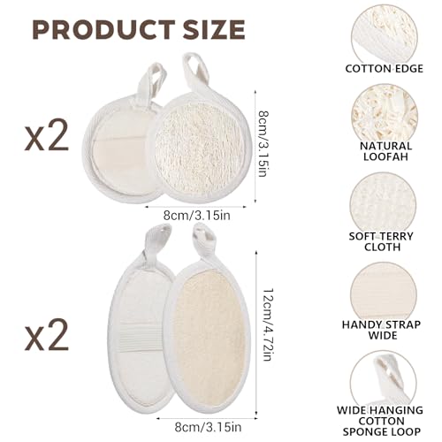Nogeqi 4PCS Loofah Sponge Exfoliating Body Scrubber, Natural Shower Bath Loofah Exfoliating Sponge, Face Body Exfoliator Scrubber for Women Men Bath Shower, Eco-Friendly (2 Styles)