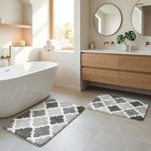 Arttown Gradient Grey Trellis Bathroom Rug Set 2 Piece Fluffy Microfiber Non-Slip Water Absorbent Soft Washable Floor Mat for Tub Showers Laundry Room Decor 16"x24"+20"x32" - color: Gradient Gray 2