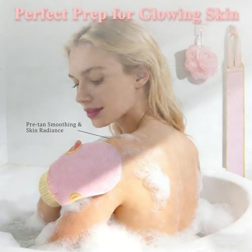 Exfoliating Glove and Back Scrubber for Shower - 3-Piece Exfoliating Mitt Set with Bath Sponge - Deep Skin Cleansing Body Scrubber for Dead Skin Removal, Self-Tan (Pink) - color: Pink