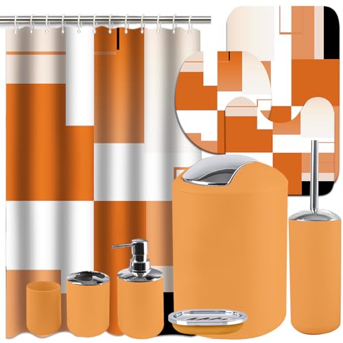 Lnond Orange Bathroom Set, 22-Piece Orange Abstract Bathroom Decor Set with with Shower Curtain and Rugs, Trash Can, Toilet Brush Holder Set & Soap Dispenser - style: Orange White Geometric