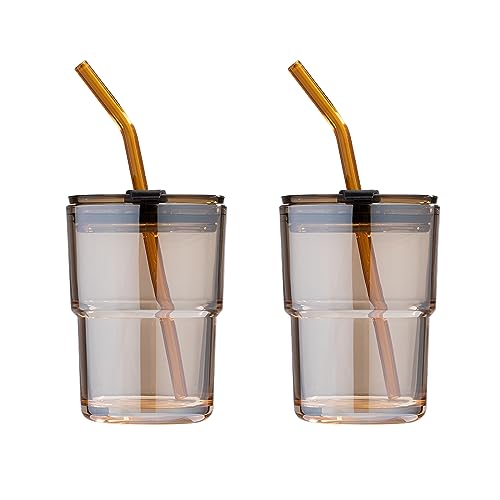 BLUEPOLAR 13oz/400ml Glass Tumbler Water Cup with Straw and Lid, Sealed Carry on for Coffee, Iced Tea, Thick Wall Insulated Amber 2-Pack - color: Amber-2Pack