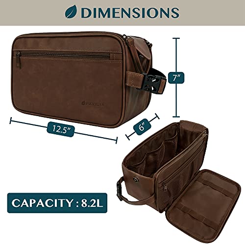 PAVILIA Toiletry Bag for Men, Travel Essentials Shaving Dopp Kit, Mens Travel Bag Toiletries Organizer Case for Grooming, PU Leather Water Resistant Cosmetic Bag Pouch (XL, Dark Brown) - color: Dark Brown, size: Extra Large (12x6x7)