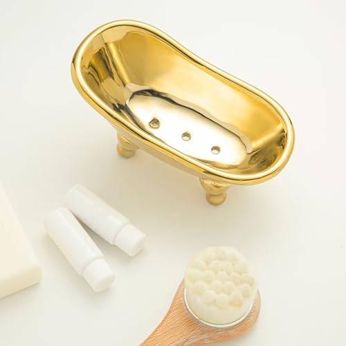 5.6" Ceramic Mini Bathtub Soap Dish Decortative Clawfoot Bathroom Soap Dish (Golden) - color: Golden
