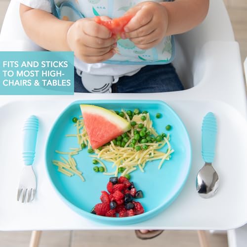 Bumkins Toddler and Baby Suction Plate, Silicone Grip Plate for Babies and Kids, Baby Led Weaning, Children Feeding Supplies, Non Skid Sticky Bottom, Platinum Silicone, Ages 6 Months Up, Blue - color: C4 Blue-GP