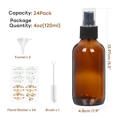 STARSIDE 24-Pack 4oz Amber Glass Spray Bottles with Fine Mist Sprayer | 120ml Travel Bottles for Cosmetic Essential Oils, Cleaning Solutions, Perfumes & Liquids, Includes Funnels, Labels, Brush - size: L