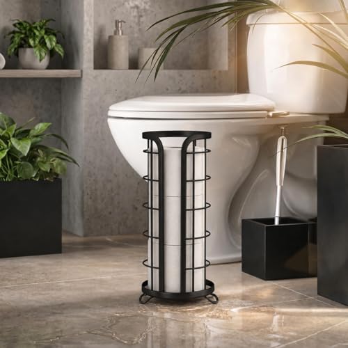 BROOKSTONE Toilet Paper Holder Stand Reserve - Free Standing Toilet Paper Stand with Storage that Holds Mega Rolls, Standing Bathroom Tissue Organizer, Bathroom Decor - Modern Storage Holder, Black - color: Black