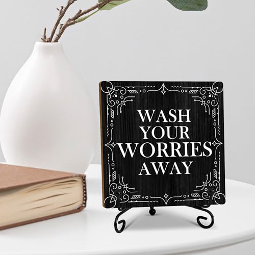 5" Gothic Bathroom Decor, Wash Your Worries Away Sign, Black Bathroom Laundry Room Decor, Bathroom Guest Bathroom Decoration, Funny Toilet Bathroom Plaque Sign Table Shelf Sink Decor-A04 - color: Wash Your Worries-04