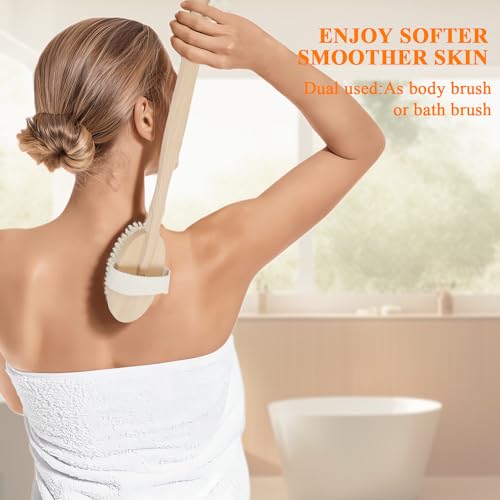 SAMEBUTECO Dry Brushing Body Brush Set with Slide-in Long Handle, 4-in-1 Wooden Bath Scrubber with Face Brush & 3 Interchangeable Heads (Boar Bristle, Soft Washer, Nodal Massager) for Exfoliating