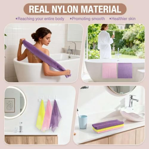 African Net Sponge Extra Long 3 Pieces, Loofah Back Scrubber for Shower, Exfoliating Washcloth & Body Scrubber, 39.37" L x 12.99" W Bath Sponge (Yellow,Pink, Purple) - color: Yellow,pink, Purple