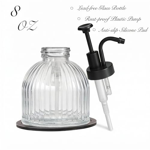 SheeChung 8 Oz Glass Soap Dispenser Bathroom, Clear Liquid Hand Soap Dispenser with Pump, Refillable Dish Soap Dispenser for Kitchen, Cute Modern Stripes Lotion Bottle, Shampoo (Black Pump, 2 Pack) - color: Clear-black Pump, 2 Pack