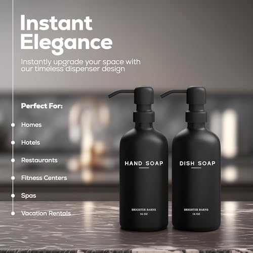Black Glass Hand and Dish Soap Dispenser Set by Brighter Barns - Kitchen Soap Dispenser Set & Pump - Glass Bottles for Kitchen Sink - Modern Farmhouse Counter Decor, Neutral Home Decor, Gifts (Black) - color: Black Hd