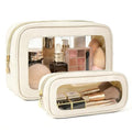 2Pcs Clear Makeup Bags Set, Clear Travel Makeup Brush Holder Leather Makeup Case Toiletry Bag with Zipper Portable Cosmetic Pouch Waterproof Makeup Brush Storage Bag Car Bag for Essentials - color: 2Pcs White