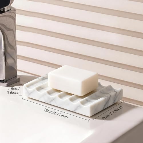 Natural Marble Soap Dish for Shower Stone Tray Small Bar Soap Holder with Self Draining, Non-Slip, Luxury Bath Room Accessories, Sponge Dish Scrubbers Tray for Kitchen Sink Counter Top (Carrara White)