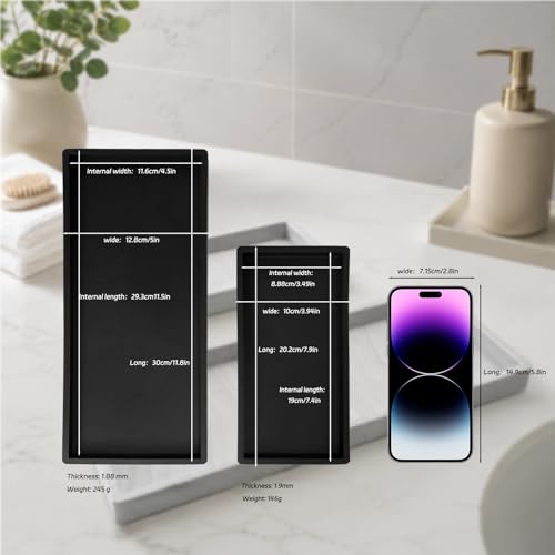 BBK Bathroom Vanity Tray- 2 Pack (7.8" and 11.8") Silicone Bathroom Tray for Counter, for Perfume Key Trinket Ring Soap Organization - Black - color: Black (Small & Large)