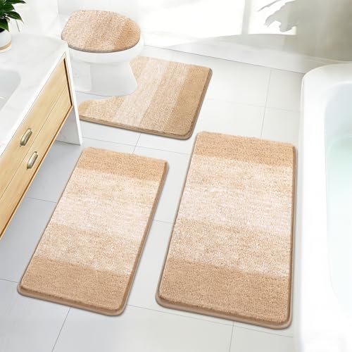 Bsmathom Bathroom Rug Set Bath Rugs Microfiber Non Slip Bathroom Set 4 Piece with Toilet Cover, Washable Absorbent Bath Mat, Beige - color: Beige, size: 18"x26"+20"x31"+U20"x24"+Cover19"x21"