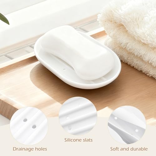 BlingKingdom 2 PCS Silicone Soap Dish Holders, Anti-Slip Portable Self Draining Soap Holder for Shower, Bathroom, Kitchen (White and Grey)