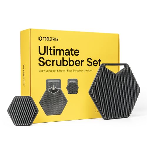 TOOLETRIES The Ultimate Silicone Scrubber Set - Charcoal | Complete silicone shower set with two scrubbers and matching removble and resuable holders for organised bathroom storage.