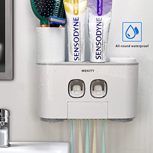 Toothbrush Holder WREWING Multi-Function Wall-Mounted Automatic Toothpaste Dispenser and Dust-Proof Toothbrush Holder with 5 Brush Slots 4 Cups 2 Automatic Toothpaste Dispensers 1 Storage Slot (Grey) - color: Grey