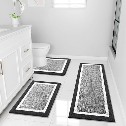 OLANLY Bathroom Rugs Sets 3 Piece, Soft Absorbent Microfiber Bath Mats and U-Shaped Contour Toilet Rug, Home Decor Accessories, Non-Slip, Bath Mat Set for Bathroom (47"x20"+24"x16"+24"x20", Black) - color: Black and White, size: 47" X 20" + 24" X 16" + U