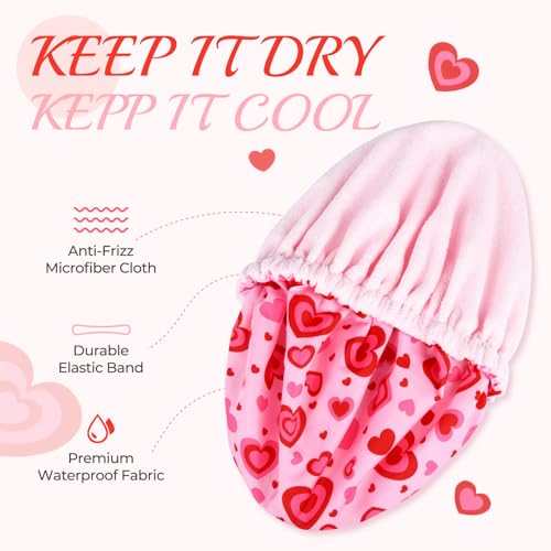 Shower Cap for Women Terry Lined Bath Cap Large Reusable Waterproof Elastic Band Pink Love Shower Caps for Long Thick Hair Soft Bath Shower Hair Caps - color: Pink Cute Hearts