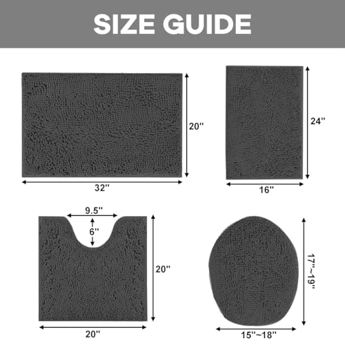Grey Bathroom Rugs Sets 4 Piece with Toilet Lid Cover, Non Slip Bathroom Mats Extra Soft Chenille Bath Rug Absorbent Shaggy Rugs Perfect Plush Mats U-Shaped Toilet Rug and Toilet Cover Toilet - color: Dark Grey, size: 1'8" x 2'8" (Square + oval + U-shape)