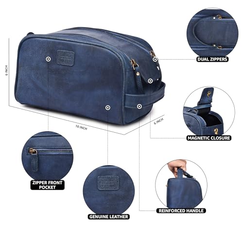 LEATHER VILLAGE Genuine Leather Toiletry Travel Bag With Waterproof Lining - Blue | King-Size Handcrafted Vintage Dopp Kit Bag, Shaving & Bathroom Organizer, Gift for Men & Women - color: Blue