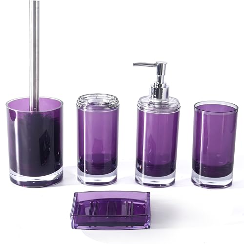 5 Pcs Purple Acrylic Bathroom Accessories Set Complete,Lotion/Soap Dispenser,Soap Dish,Toothbrush Holder, Tumbler,Toilet Brush and Holder,Modern Bathroom Decor and Housewarming Gift Set (Dark Purple) - color: Dark Purple