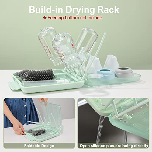 Baby Bottle Brush Set,6 in 1 Travel Silicone Bottle Cleaner Kit with Extendable Brush,Built-in Drying Rack,Nipple & Straw Brushes,Soap Dispenser & Organizer Case – Baby Shower Gift for New Moms - color: Green