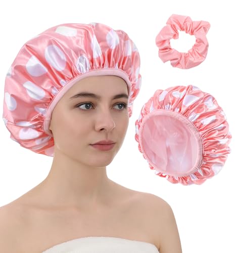 Pink Shower Cap, Double-Sided Reusable Washable Shower Cap for Women, Adjustable & Reusable, Cute Dot Print, Keeps Hair Dry, Suitable for Long Thick Hair（Comes with a Matching Cute Hairband）