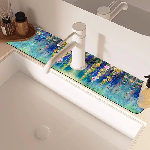 Abstract Watercolor Floral Kitchen Sink Splash Guard Mat Absorbent Fast Drying Mat Faucet Draining Mat Sink Splash Guard Behind Faucet Drip Catcher for Kitchen Bathroom 5.5"×24" - size: 24" x 24"