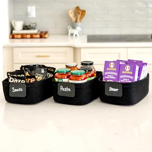 NaturalCozy 11.8"x8"x4.5” Rectangle Storage Baskets for Shelves 3 Pack | Cotton Rope Woven Small Baskets for Organizing | Small Storage Bins for Nursery, Bathroom, Closet, Shelf, Decorative, Gift - color: Black, size: 11.8" x 8" x 4.5"