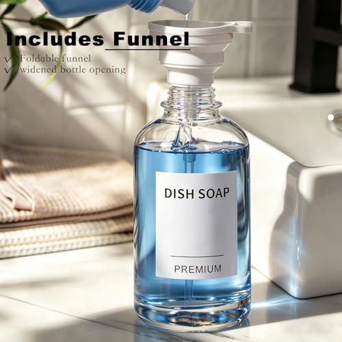 Dish Soap Dispenser for Kitchen, Hand Glass Soap Dispenser Set with Pump, Tray, Funnel for Bathroom, Shower, Laundry, Liquid, Lotion (Silver 2 Pack 18 Oz Clear Bottles with 12 Stickers) - color: Silver, size: 18Oz