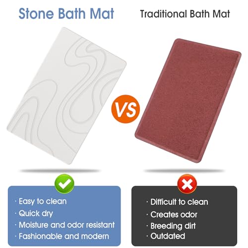 Veeloim Stone Bath Mat Diatomaceous Earth Shower Mat Non-Slip Super Absorbent Diatomite Stone Mats for Bathroom Floor/Kitchen Counter Quick Drying Natural Easy to Clean(23.6''×15.4" White) - color: Line2-white